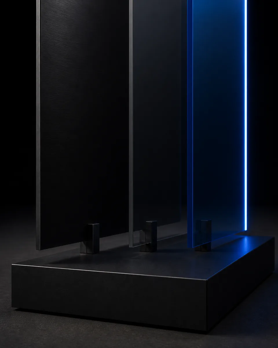 Detalle vertical de tres paneles oscuros fijados a una base negra y una arista azul iluminada.