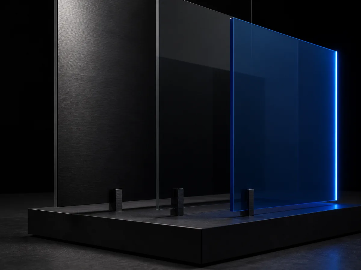 Detalle frontal de tres paneles oscuros sujetos a una base negra, con el panel azul iluminado en un extremo.