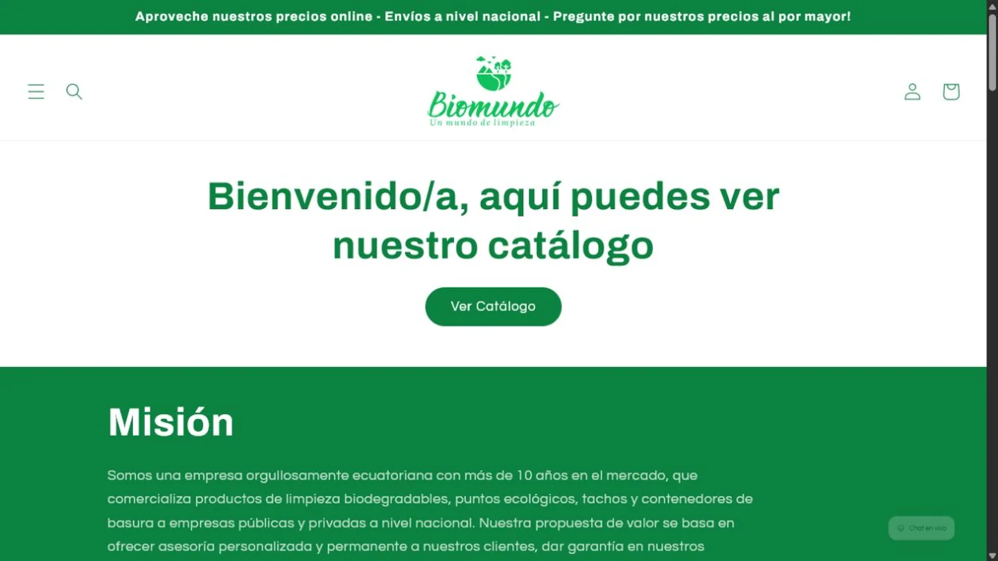 Captura de la página pública de Biomundo Ecuador con su catálogo y la identidad verde del proyecto.