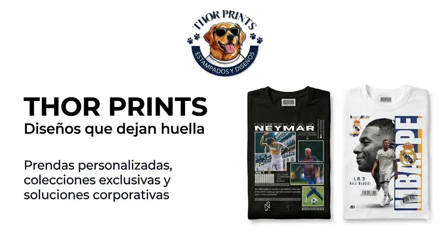 Imagen del encabezado público de Thor Prints con camisetas personalizadas y la marca del proyecto.